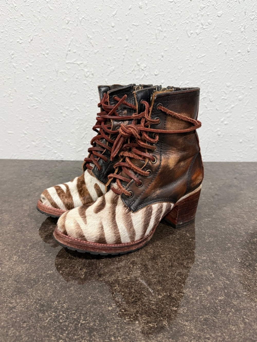 FREEBIRD by Stephen Cavalier Brown Leather Zebra Calf Hair Ankle Boots Size 6